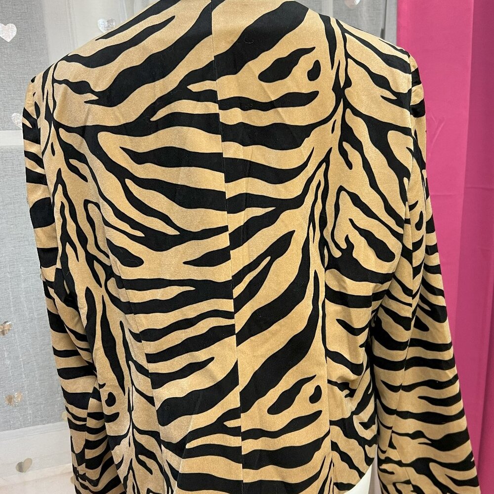#140 Chico's Tan Black Zebra-Stripes Zip-Up Dress Jacket Blazer Size 3 (16) - Picture 3 of 7